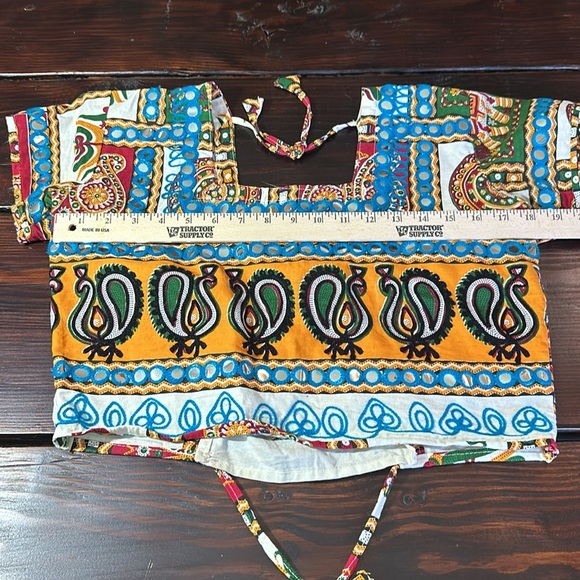 Blue and Yellow Short Sleeve Crop Blouse with Tie Front - Picture 7 of 13